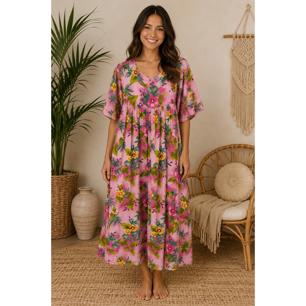 Desert Shores Vintage Muu Muu Maxi Dress Boho Coastal Tropical Pink Medium